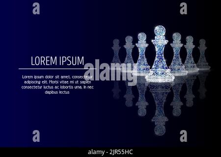 Vector polygonal art pawn chess pieces, one pawn is in front of others. Low poly wireframe mesh with scattered particles and light effects on dark blu Stock Vector