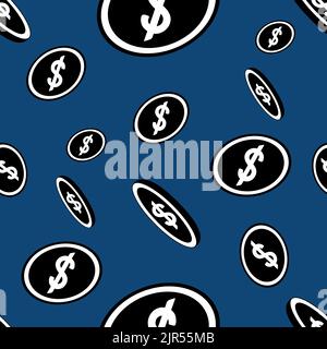 US dollar symbol. Falling coins. Endless vector pattern. Ornament on an isolated blue background. Flat style. Monetary currency. Subjects of business Stock Vector
