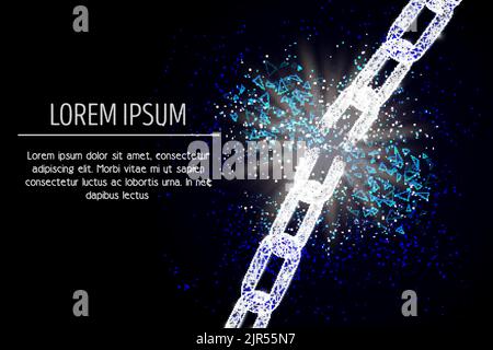 Vector polygonal art style broken iron chain. Low poly wireframe mesh with scattered particles and light effects on dark blue background. Poster banne Stock Vector