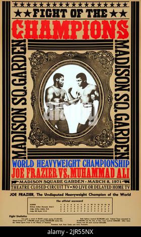1971 Muhammad Ali vs. Joe Frazier I Fight Poster with Round by Round Scores Stock Photo