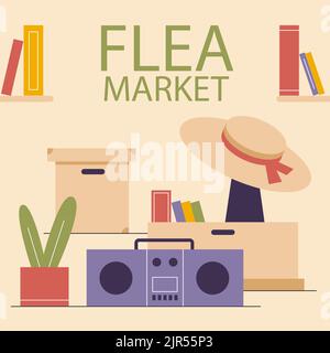 Flat posts set for second hand flea market event Vector illustration Stock Vector