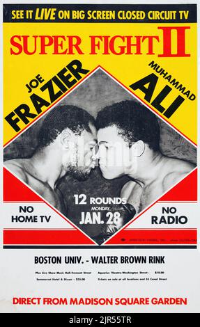 1974 Muhammad Ali vs. Joe Frazier Closed Circuit Poster. Muhammad Ali and Joe Frazier renewed their rivalry January 28, 1974  Stock Photo