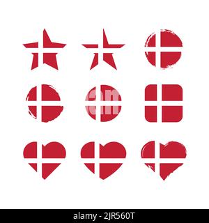 Denmark vector circle and heart flag set. Danish dry brush and grunge effect stamp flags. Stock Vector