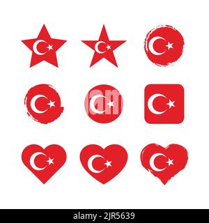 Turkey vector circle and heart flag set. Turkish dry brush and grunge effect stamp flags. Stock Vector