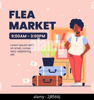 Flat posts set for second hand flea market event Vector illustration Stock Vector