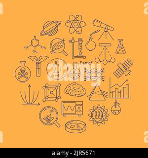 Science round poster in thin line style. Banner with scientific symbols. Vector illustration. Stock Vector