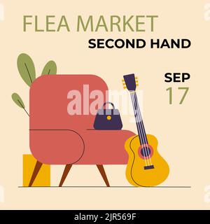 Flat posts set for second hand flea market event Vector illustration Stock Vector