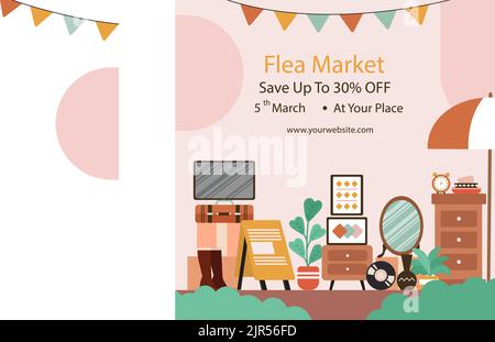 Flat posts set for second hand flea market event Vector illustration Stock Vector