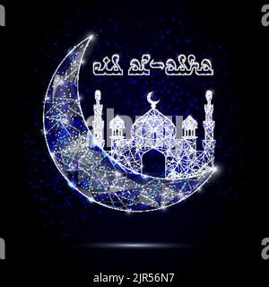 Eid al-adha or festival of sacrifice islamic holiday greeting card vector design template. Crescent moon, mosque and eid al-adha lettering. Polygonal Stock Vector