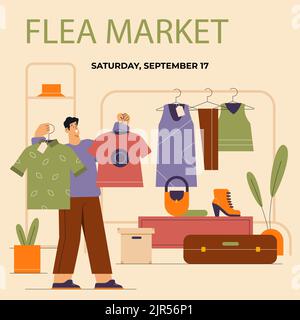 Flat posts set for second hand flea market event Vector illustration Stock Vector