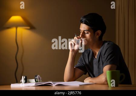 Portrait of teenage boy studying at home Stock Photo