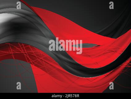 Red black shiny glossy waves and curved lines abstract background. Vector design Stock Vector