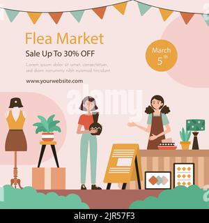 Flat posts set for second hand flea market event Vector illustration Stock Vector