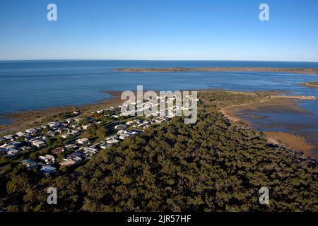 Aerial of Southend the only village on Curtis Island Queensland Australia Stock Photo