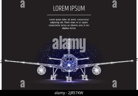 Vector polygonal art style airliner. Airplane low poly wireframe mesh with scattered particles and light effects on dark blue background. Card poster Stock Vector