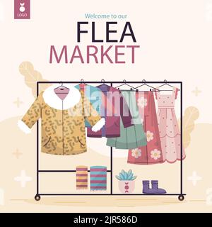 Flat posts set for second hand flea market event Vector illustration Stock Vector