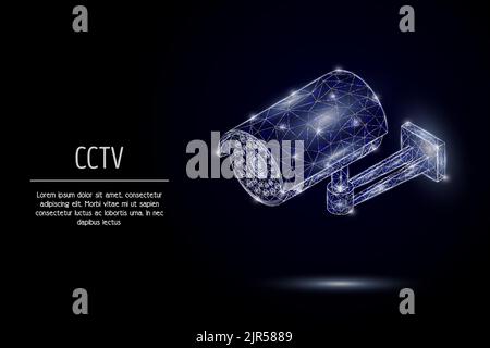 Vector polygonal art style security camera. CCTV low poly wireframe mesh with scattered particles and light effects on dark blue background. Poster ba Stock Vector