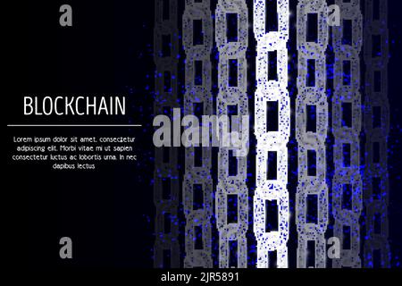 Vector polygonal art style iron chains. Low poly wireframe mesh with scattered particles and light effects on dark blue background. Blockchain technol Stock Vector