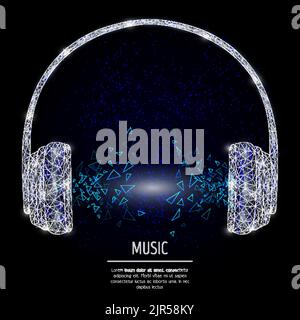 Vector polygonal art style headphones. Low poly wireframe mesh with scattered particles and light effects on dark blue background. Music concept poste Stock Vector