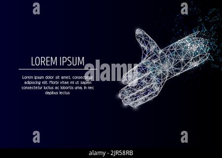 Vector polygonal art style human hand. Low poly wireframe mesh with scattered particles and light effects on dark blue background. Helping hand concep Stock Vector