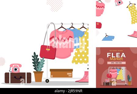 Flat posts set for second hand flea market event Vector illustration Stock Vector