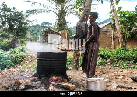 Artisanal production of palm oil called 'Seketa' (Stir) in the local language by women from the village of Mpety in Walikale, North Kivu (eastern DR Congo), 15 December 2021.  Fabrication artisanale de l’huile de palme appelee en langue locale “Seketa“ (Remuer) par des femmes du village Mpety  a Walikale au Nord Kivu (Est de la RD Congo), le 15 Decembre 2021. Stock Photo