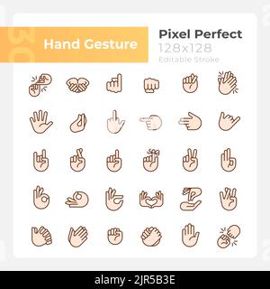 Hand gestures pixel perfect RGB color icons set Stock Vector