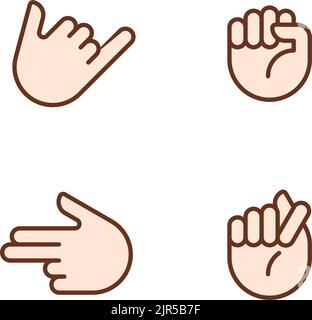 Friendly and aggressive gestures pixel perfect RGB color icons set Stock Vector