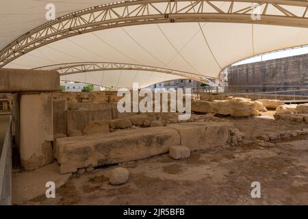 In the heart of the village of Tarxien, a complex of four megalithic temples makes up the Temples site, built between 3600 and 2500 BC Stock Photo