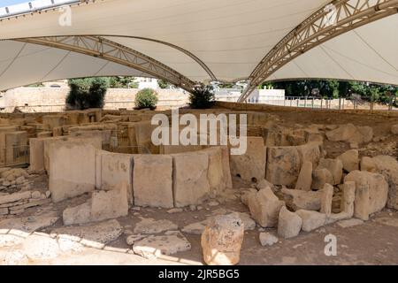 In the heart of the village of Tarxien, a complex of four megalithic temples makes up the Temples site, built between 3600 and 2500 BC Stock Photo