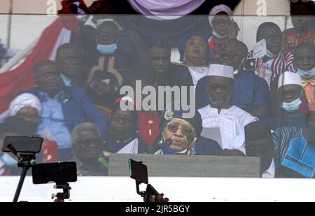 Former Liberian President Ellen Sirleaf Johnson speaks during the celebration of the bicentenary of the birth of Liberia on February 14, 2022 in Monrovia. This West African country was founded as a colony in 1822 by former American slaves Stock Photo