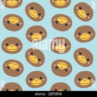 Vector seamless pattern of flat hand drawn platypus duckbill face head isolated on blue background Stock Vector
