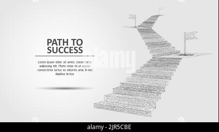 Vector polygonal art style stairway with flags. Low poly wireframe mesh. Path to success business concept poster banner design template with copy spac Stock Vector