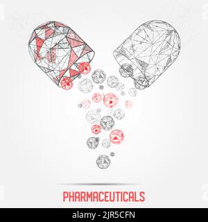 Vector polygonal art style open pharmaceutical capsule. Low poly wireframe mesh with scattered particles effect. Poster banner design template. Stock Vector