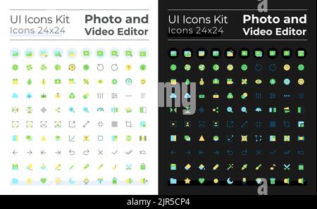 Photo and video editor flat color ui icons set for dark, light mode Stock Vector