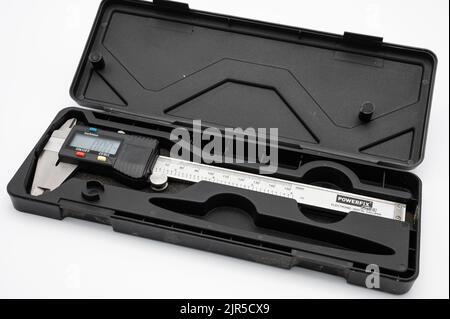 A precision measuring tool in the box, isolated on a white background Stock Photo