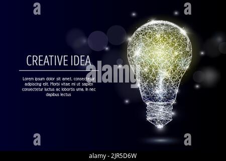 Vector polygonal art style electric light bulb. Low poly wireframe mesh with scattered particles and light effects on dark blue background. Creative i Stock Vector