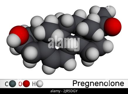 Pregnenolone, P5 molecule. It is natural product, neurosteroid, endogenous steroid hormone. Molecular model. 3D rendering. Illustration Stock Photo