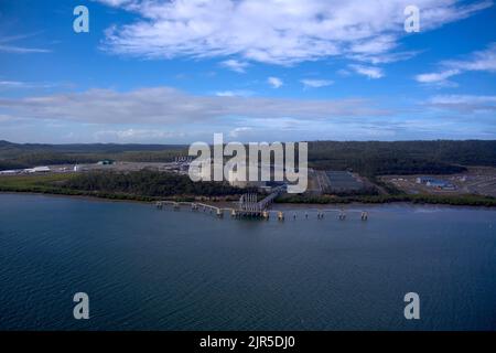 Aerial of CESI LNG Terminal One to load for export from the Curtis Island facility near Gladstone Queensland Australia. Stock Photo