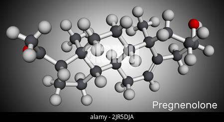 Pregnenolone, P5 molecule. It is natural product, neurosteroid, endogenous steroid hormone. Molecular model. 3D rendering. Illustration Stock Photo