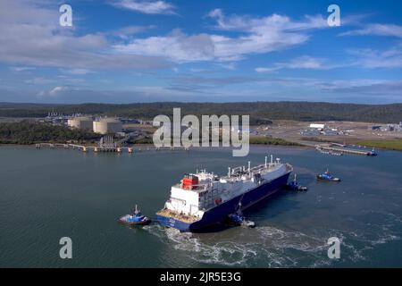 Aerial of LNG Tanker Cesi Beihai berthing at CESI LNG Terminal One  for export from the Curtis Island facility near Gladstone Queensland Australia Stock Photo