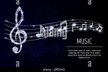 Vector polygonal art style treble clef with musical notes. Low poly wireframe mesh with scattered particles and light effects on dark blue background. Stock Vector