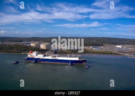 Aerial of LNG Tanker Cesi Beihai berthing at CESI LNG Terminal One for export from the Curtis Island facility near Gladstone Queensland Australia Stock Photo