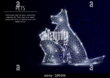 Vector polygonal art style dog and cat. Pet animals low poly wireframe mesh with scattered particles and light effects on dark blue background. Poster Stock Vector