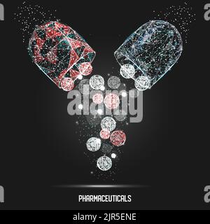 Vector polygonal art style open pharmaceutical capsule. Low poly wireframe mesh with scattered particles and light effects on grey background. Poster Stock Vector