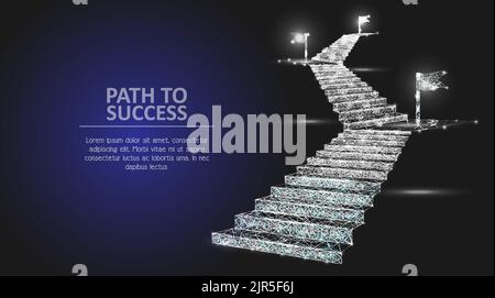 Vector polygonal art style stairway with flags. Low poly wireframe mesh with light effects on dark blue background. Path to success business concept p Stock Vector