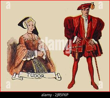 FASHIONS IN BRITAIN - An old coloured image showing typical clothing in Tudor times. Stock Photo