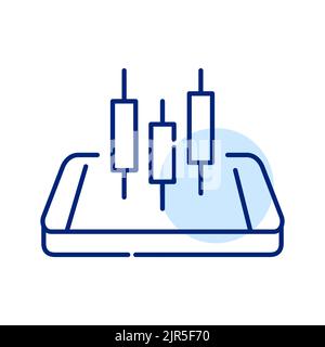 Stock trading mobile phone app. Candlestick chart on an isometric smartphone. Pixel perfect, editable stroke line art icon Stock Vector