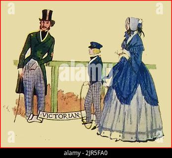 FASHIONS IN BRITAIN - An old coloured image showing typical clothing in Victorian times. Stock Photo