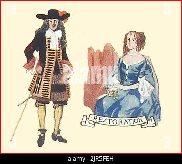 FASHIONS IN BRITAIN - An old coloured image showing typical clothing during the Restoration period. Stock Photo
